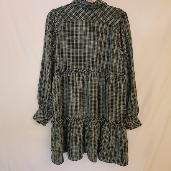 Umgee Plaid Babydoll Dress Size M Blue Button Front Tiered Tunic Rayon Blend - Picture 3 of 6
